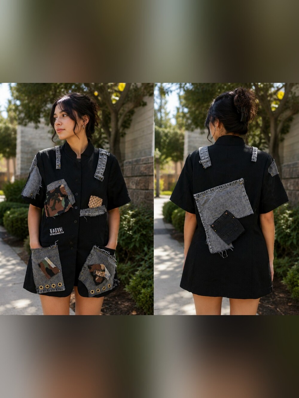 Upcycled Black Button-Up Mini Dress with Distressed Denim Patchwork